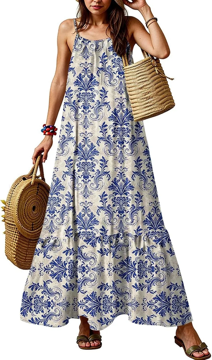 Sleeveless Maxi Dresses for Women 2025 Ruffle Spaghetti Strap Fashion Print Flowy Boho Dress Summer Vacation Dress