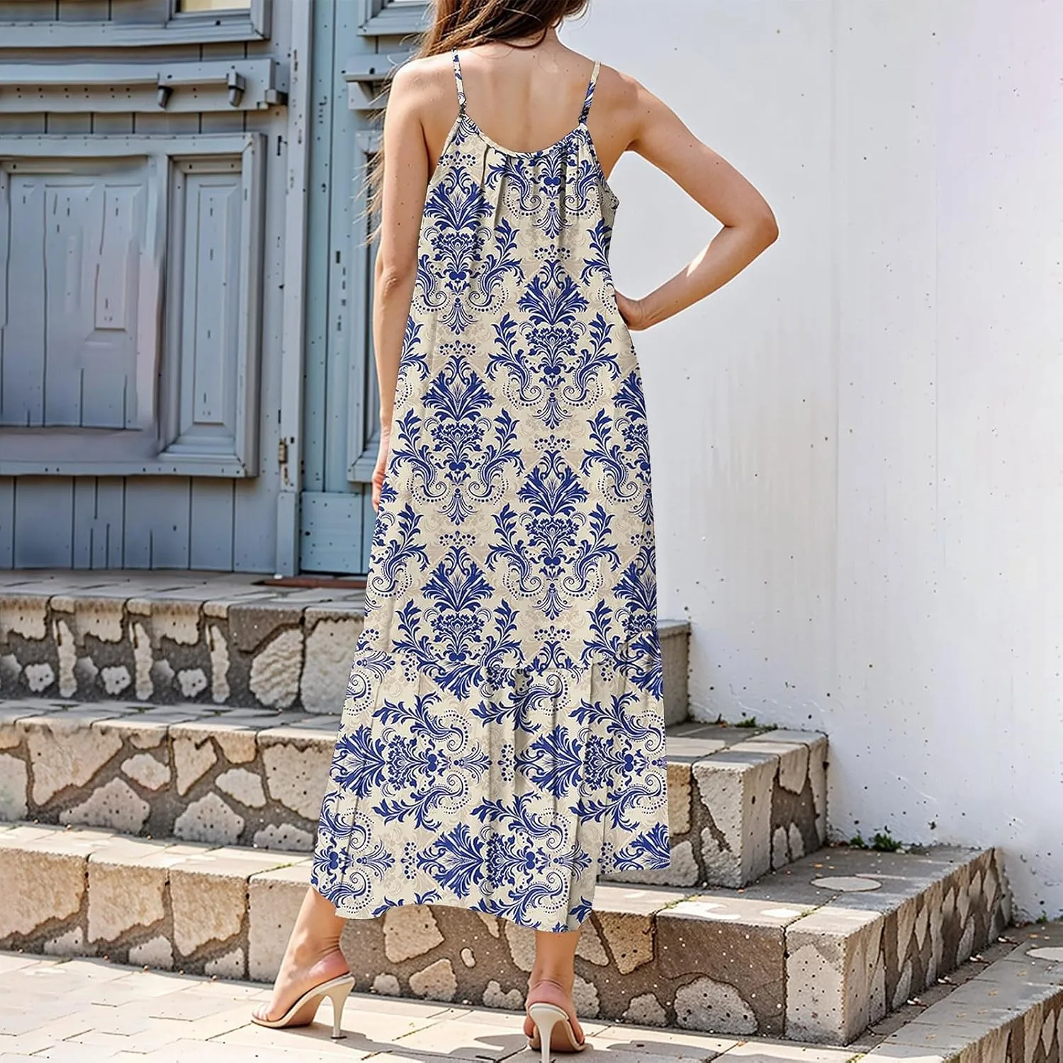 Sleeveless Maxi Dresses for Women 2025 Ruffle Spaghetti Strap Fashion Print Flowy Boho Dress Summer Vacation Dress