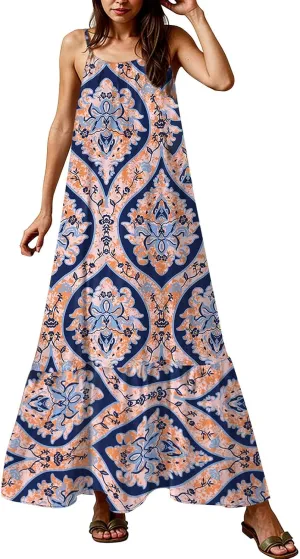 Sleeveless Maxi Dresses for Women 2025 Ruffle Spaghetti Strap Fashion Print Flowy Boho Dress Summer Vacation Dress