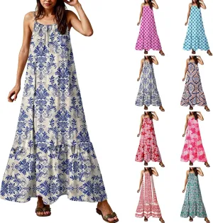 Sleeveless Maxi Dresses for Women 2025 Ruffle Spaghetti Strap Fashion Print Flowy Boho Dress Summer Vacation Dress