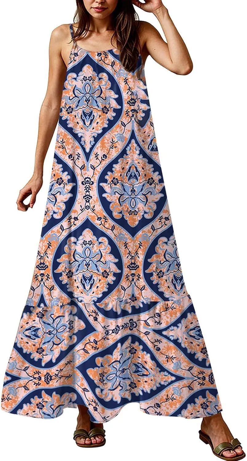 Sleeveless Maxi Dresses for Women 2025 Ruffle Spaghetti Strap Fashion Print Flowy Boho Dress Summer Vacation Dress