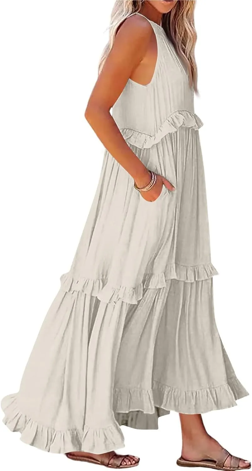 Smocked Dress for Women Summer Sleeveless Tank Dress Halter Tie Back Loose Flowy Ruffle Tiered Maxi Dresses