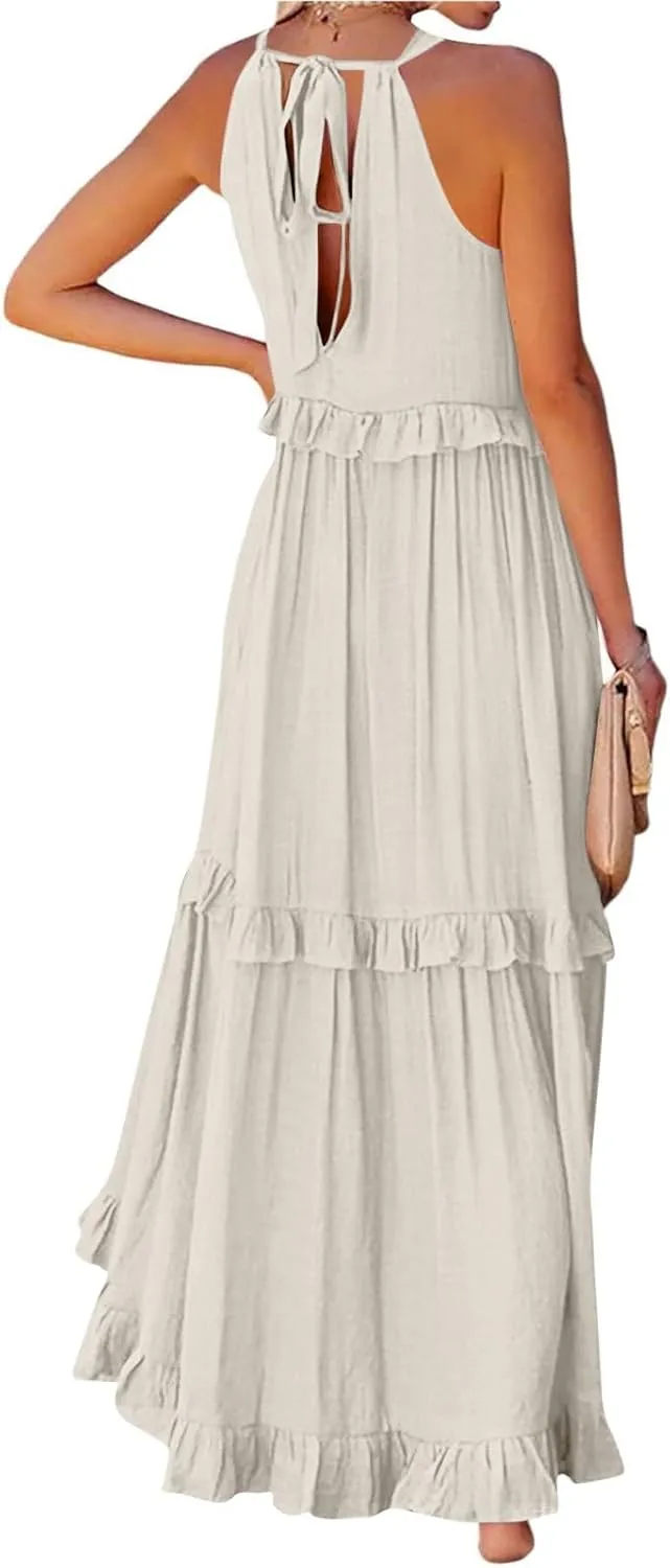 Smocked Dress for Women Summer Sleeveless Tank Dress Halter Tie Back Loose Flowy Ruffle Tiered Maxi Dresses