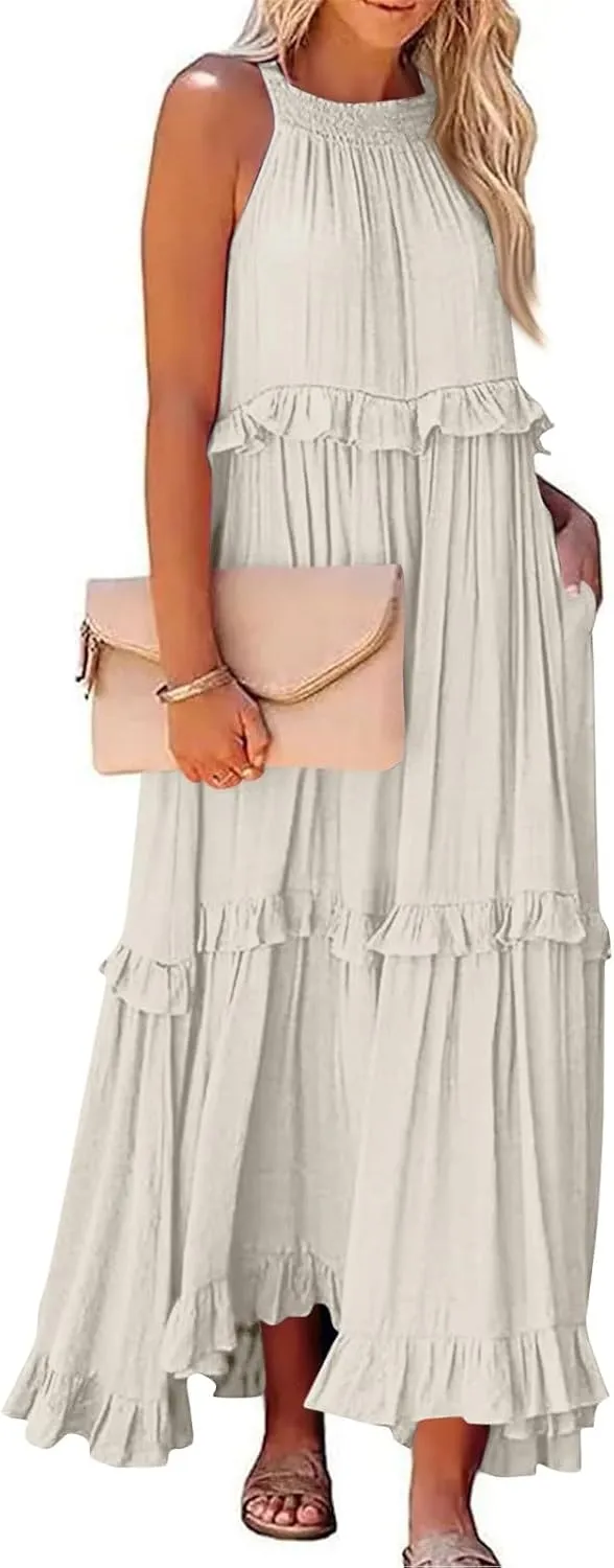 Smocked Dress for Women Summer Sleeveless Tank Dress Halter Tie Back Loose Flowy Ruffle Tiered Maxi Dresses