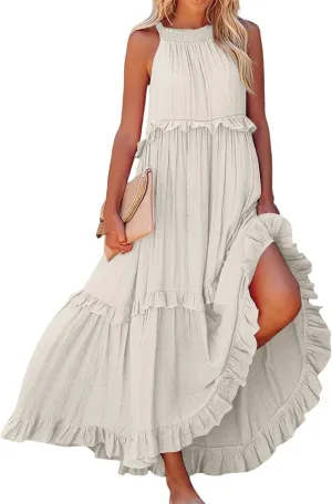 Smocked Dress for Women Summer Sleeveless Tank Dress Halter Tie Back Loose Flowy Ruffle Tiered Maxi Dresses