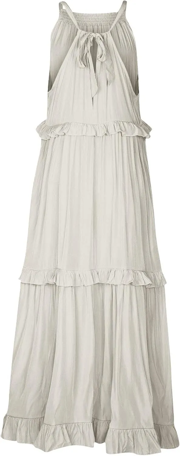 Smocked Dress for Women Summer Sleeveless Tank Dress Halter Tie Back Loose Flowy Ruffle Tiered Maxi Dresses