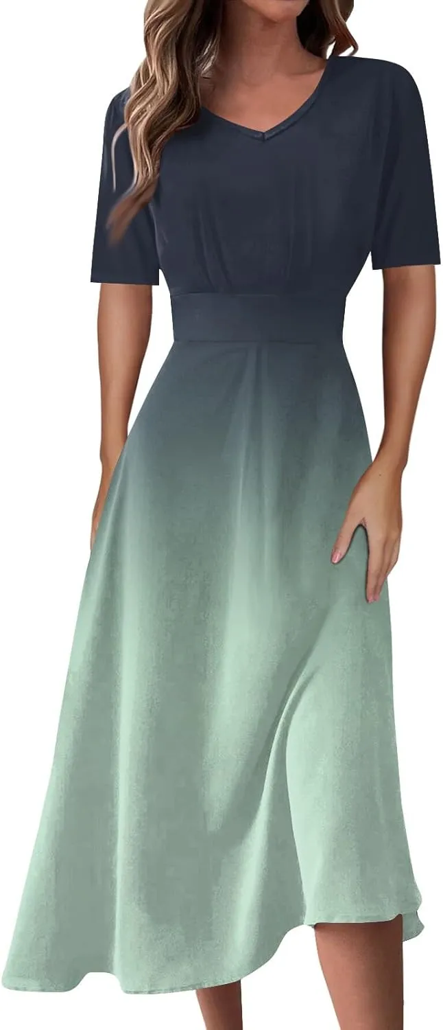 Spring Dresses for Women Short Sleeve Flowy Dresses Plus Size V Neck Casual Dresses Modest Elegant Cocktail Dresses