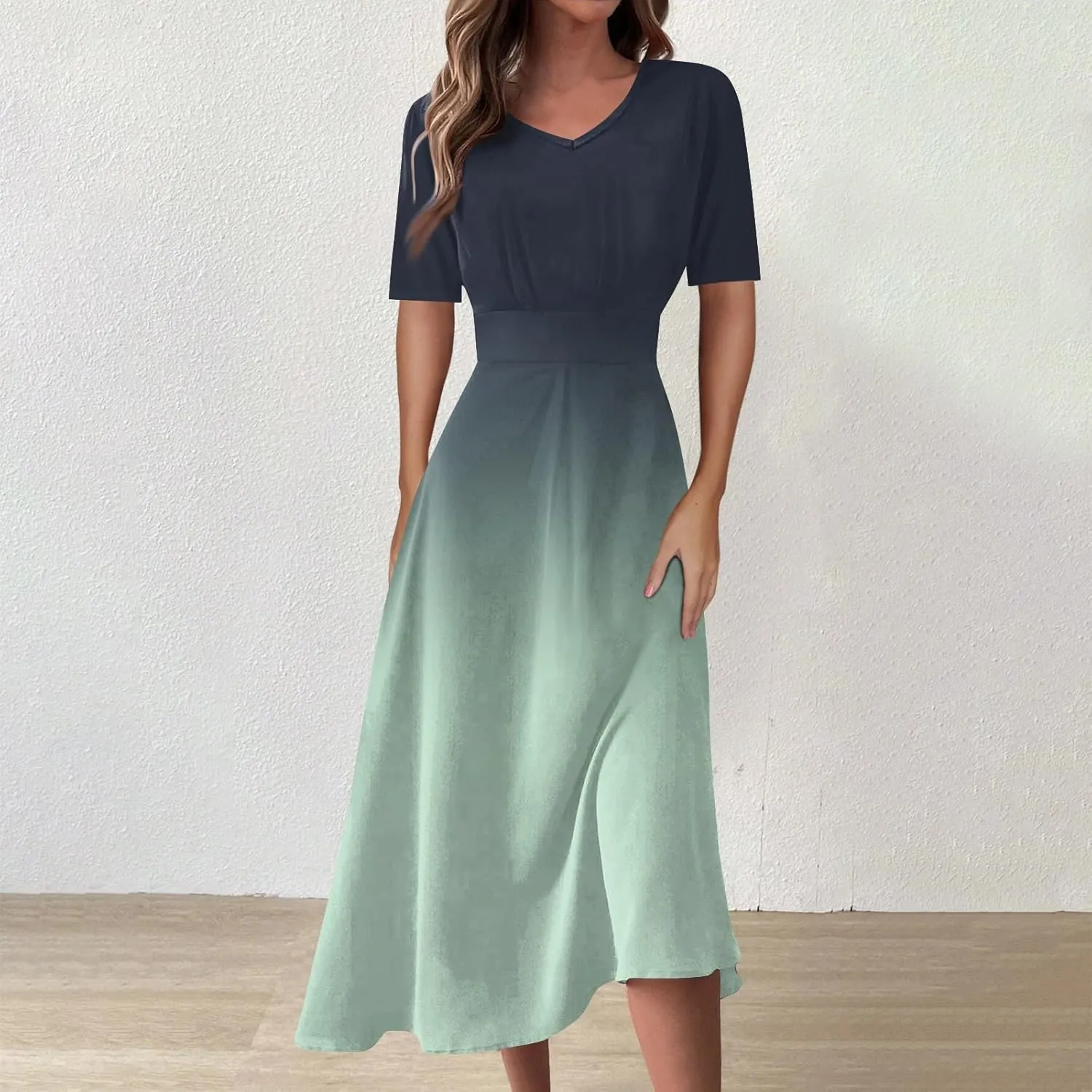 Spring Dresses for Women Short Sleeve Flowy Dresses Plus Size V Neck Casual Dresses Modest Elegant Cocktail Dresses