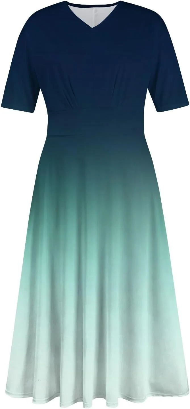Spring Dresses for Women Short Sleeve Flowy Dresses Plus Size V Neck Casual Dresses Modest Elegant Cocktail Dresses