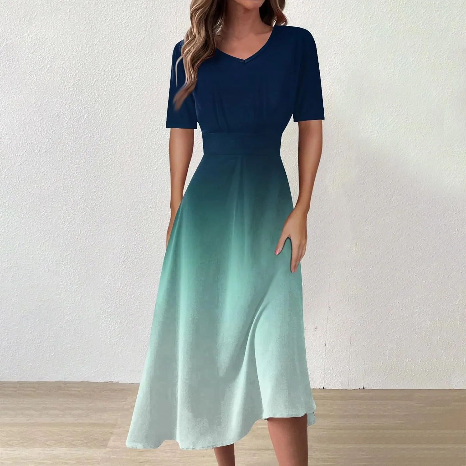 Spring Dresses for Women Short Sleeve Flowy Dresses Plus Size V Neck Casual Dresses Modest Elegant Cocktail Dresses