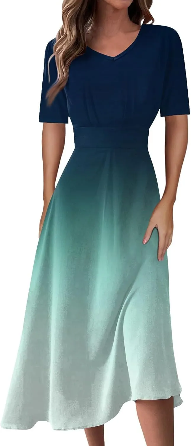 Spring Dresses for Women Short Sleeve Flowy Dresses Plus Size V Neck Casual Dresses Modest Elegant Cocktail Dresses