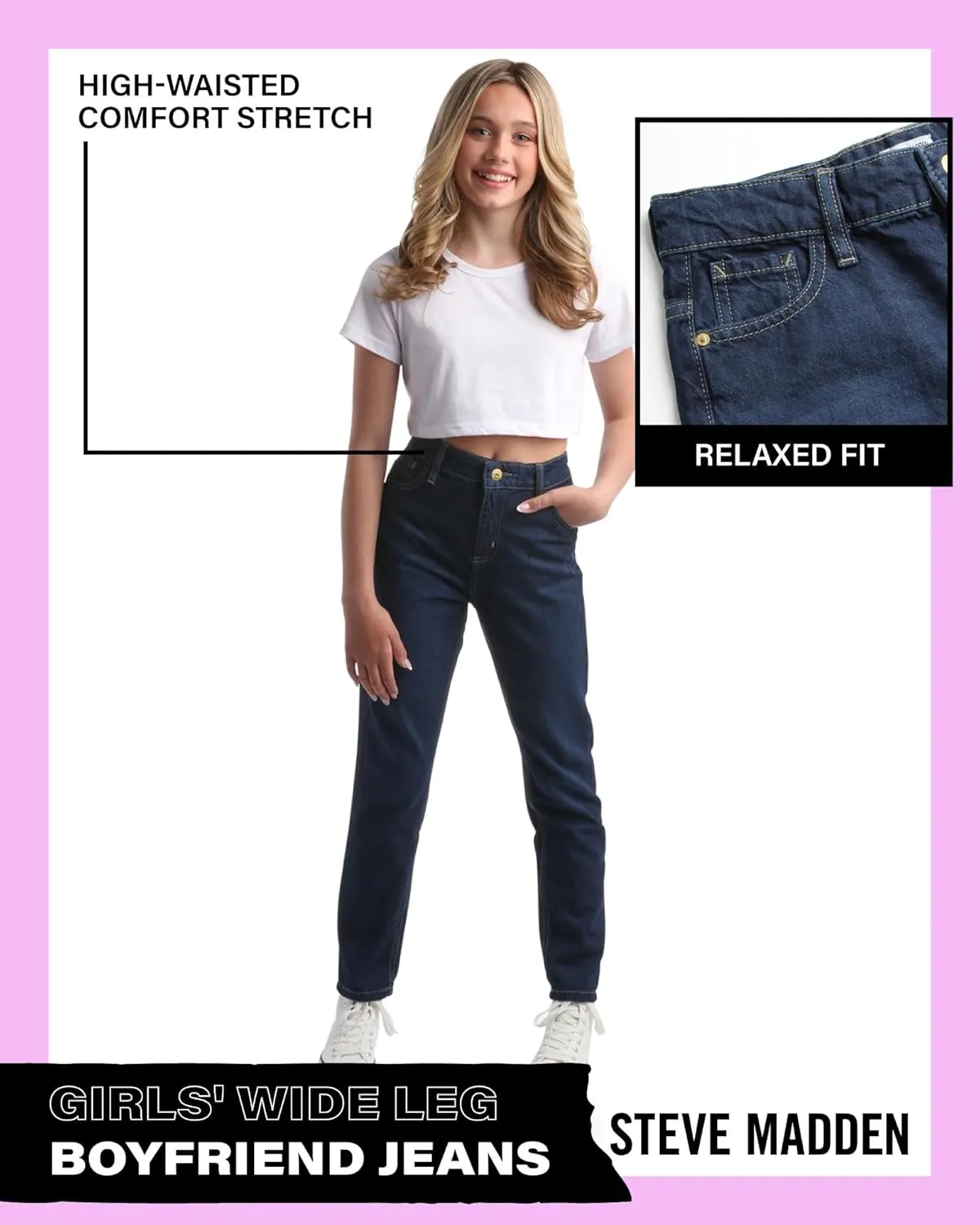 Steve Madden Girls' Jeans - Casual High Waisted Comfort Stretch Wide Leg Denim Jeans - Boyfriend Jeans for Girls (4-16)