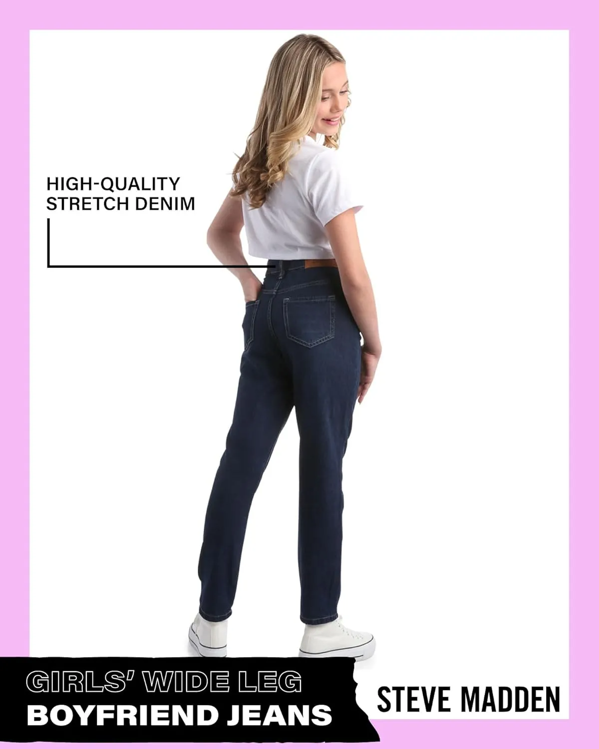 Steve Madden Girls' Jeans - Casual High Waisted Comfort Stretch Wide Leg Denim Jeans - Boyfriend Jeans for Girls (4-16)
