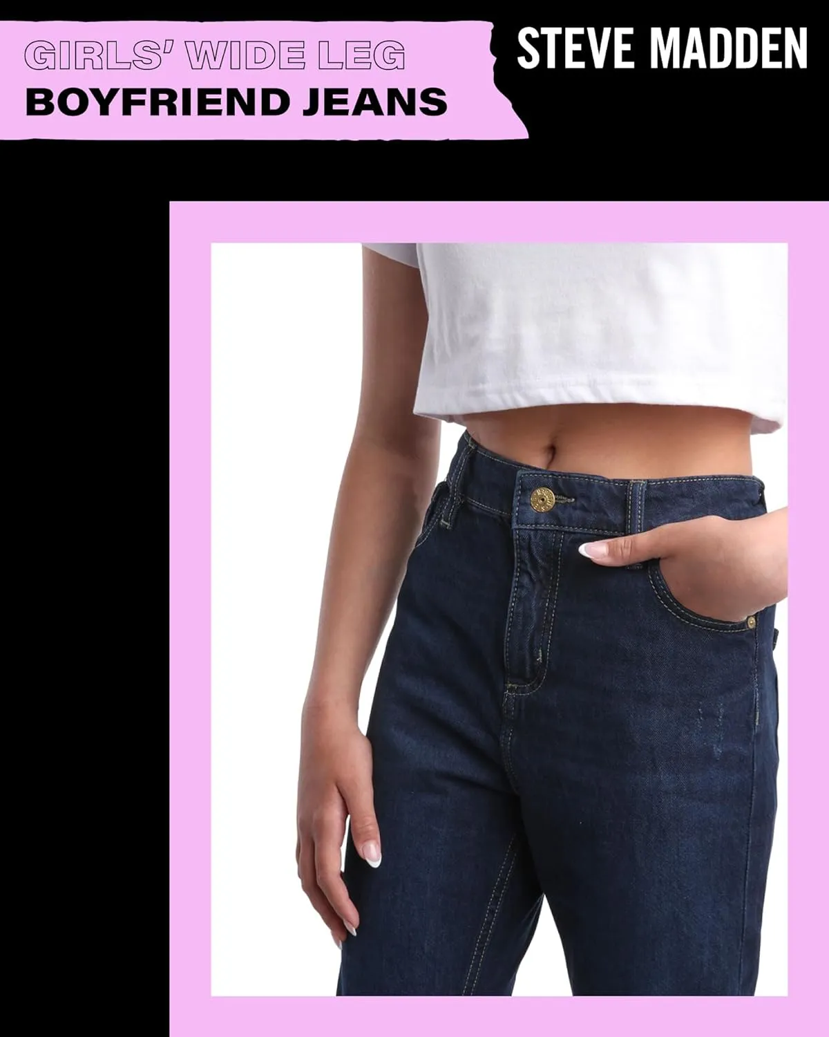 Steve Madden Girls' Jeans - Casual High Waisted Comfort Stretch Wide Leg Denim Jeans - Boyfriend Jeans for Girls (4-16)