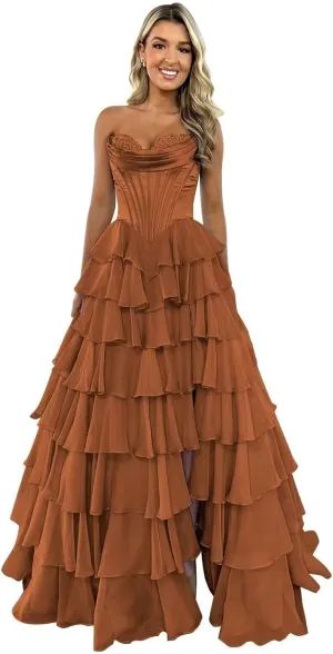 Strapless Chiffon Prom Dresses for Women Long Tiered Ruffle Corset Formal Evening Gowns for Women with Slit