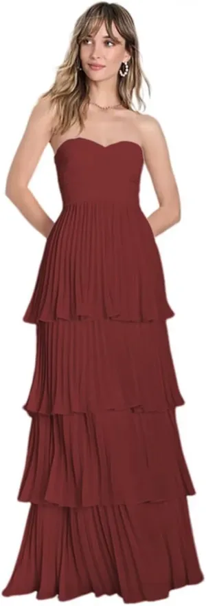 Strapless Tiered Prom Dresses 2025 for Women Sweetheart Bridesmaid Dresses Chiffon Ruched Formal Dress