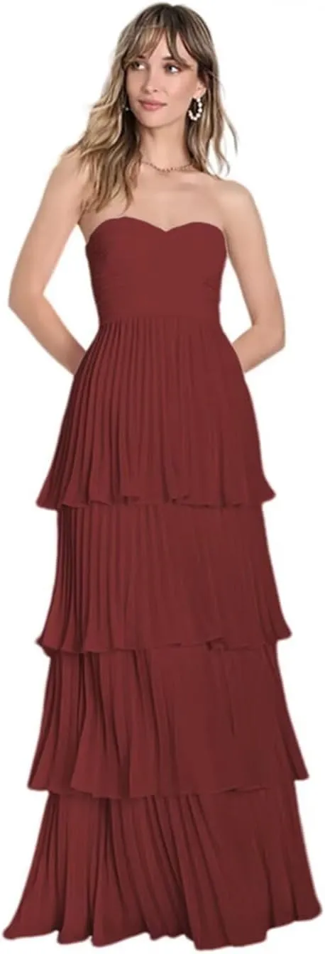 Strapless Tiered Prom Dresses 2025 for Women Sweetheart Bridesmaid Dresses Chiffon Ruched Formal Dress