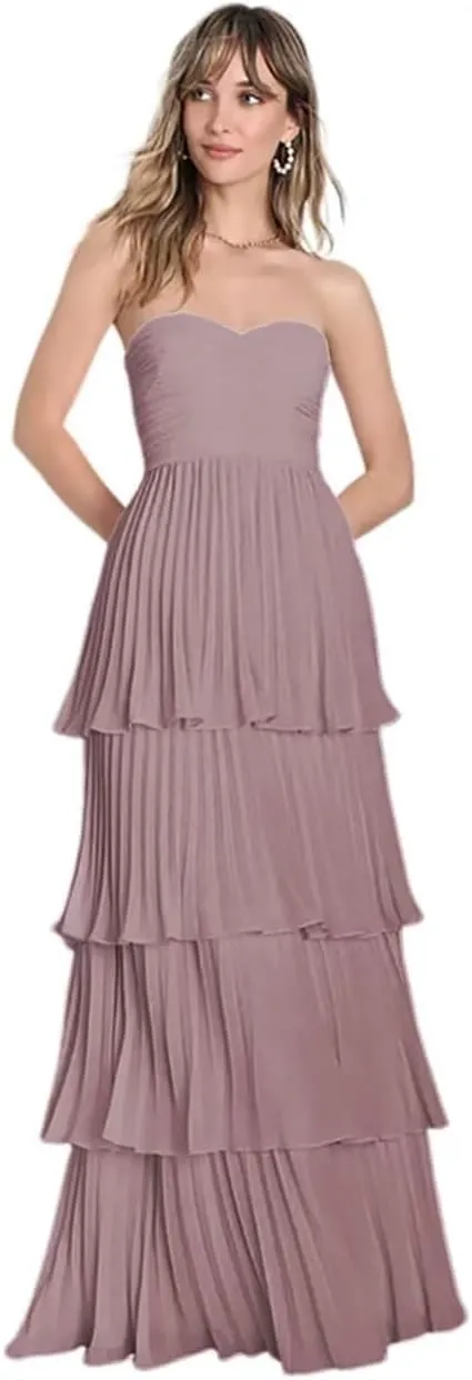 Strapless Tiered Prom Dresses 2025 for Women Sweetheart Bridesmaid Dresses Chiffon Ruched Formal Dress