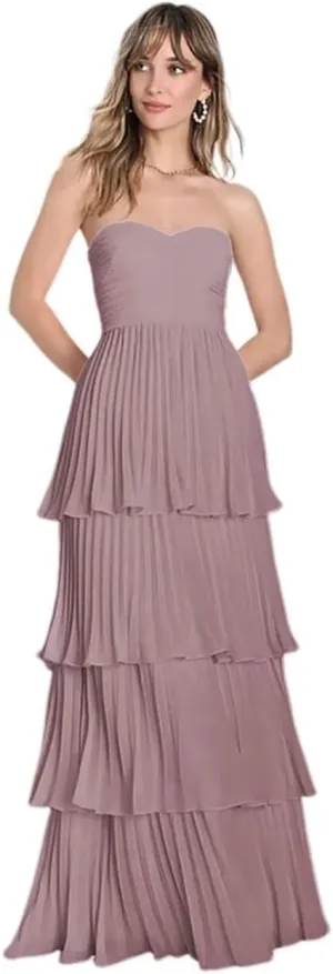Strapless Tiered Prom Dresses 2025 for Women Sweetheart Bridesmaid Dresses Chiffon Ruched Formal Dress