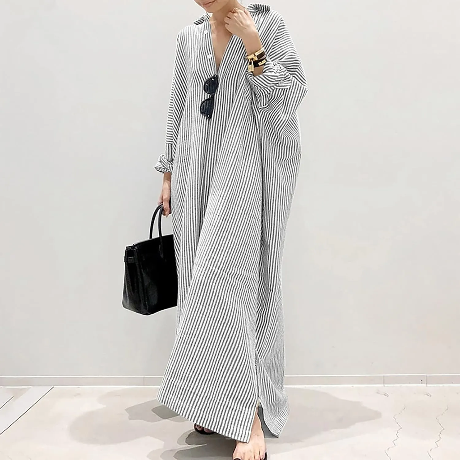 Stripe Maxi Shirt Dresses Women Long Sleeve V Neck Long Dress Cotton Linen Kaftan Dress Button Down Cardigan Dress