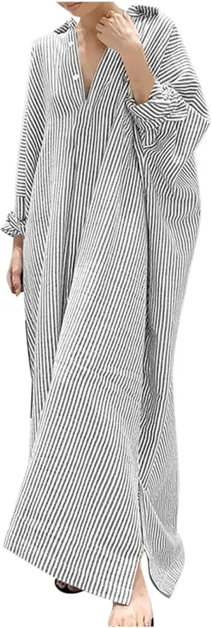 Stripe Maxi Shirt Dresses Women Long Sleeve V Neck Long Dress Cotton Linen Kaftan Dress Button Down Cardigan Dress