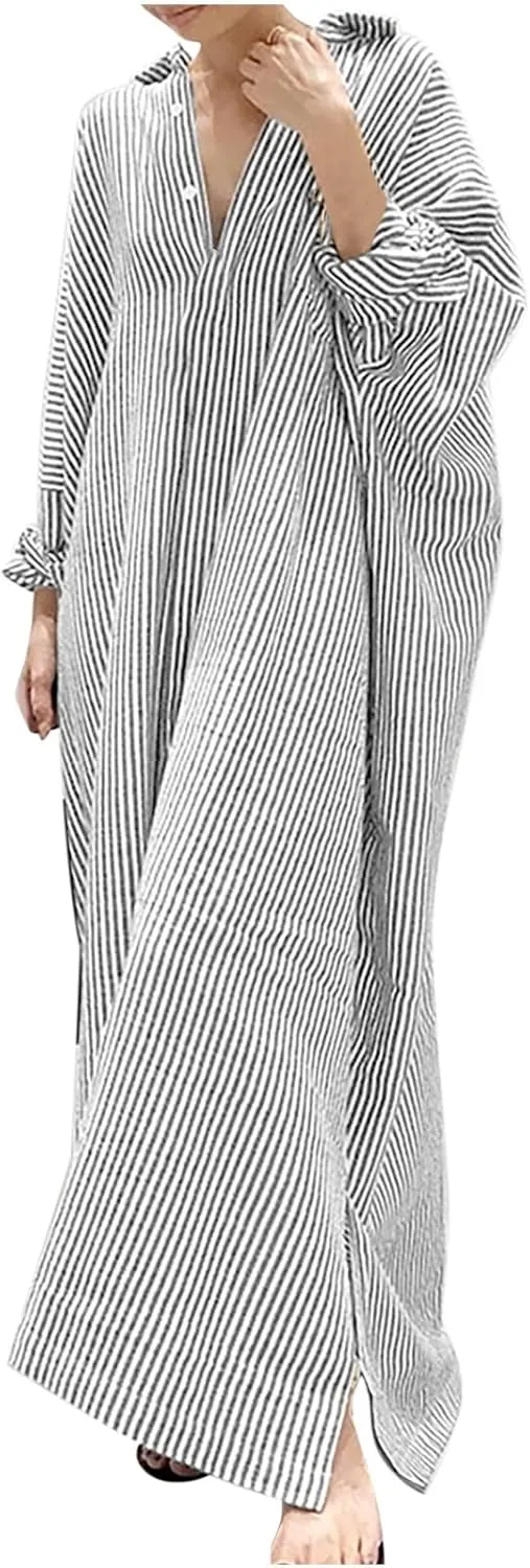 Stripe Maxi Shirt Dresses Women Long Sleeve V Neck Long Dress Cotton Linen Kaftan Dress Button Down Cardigan Dress