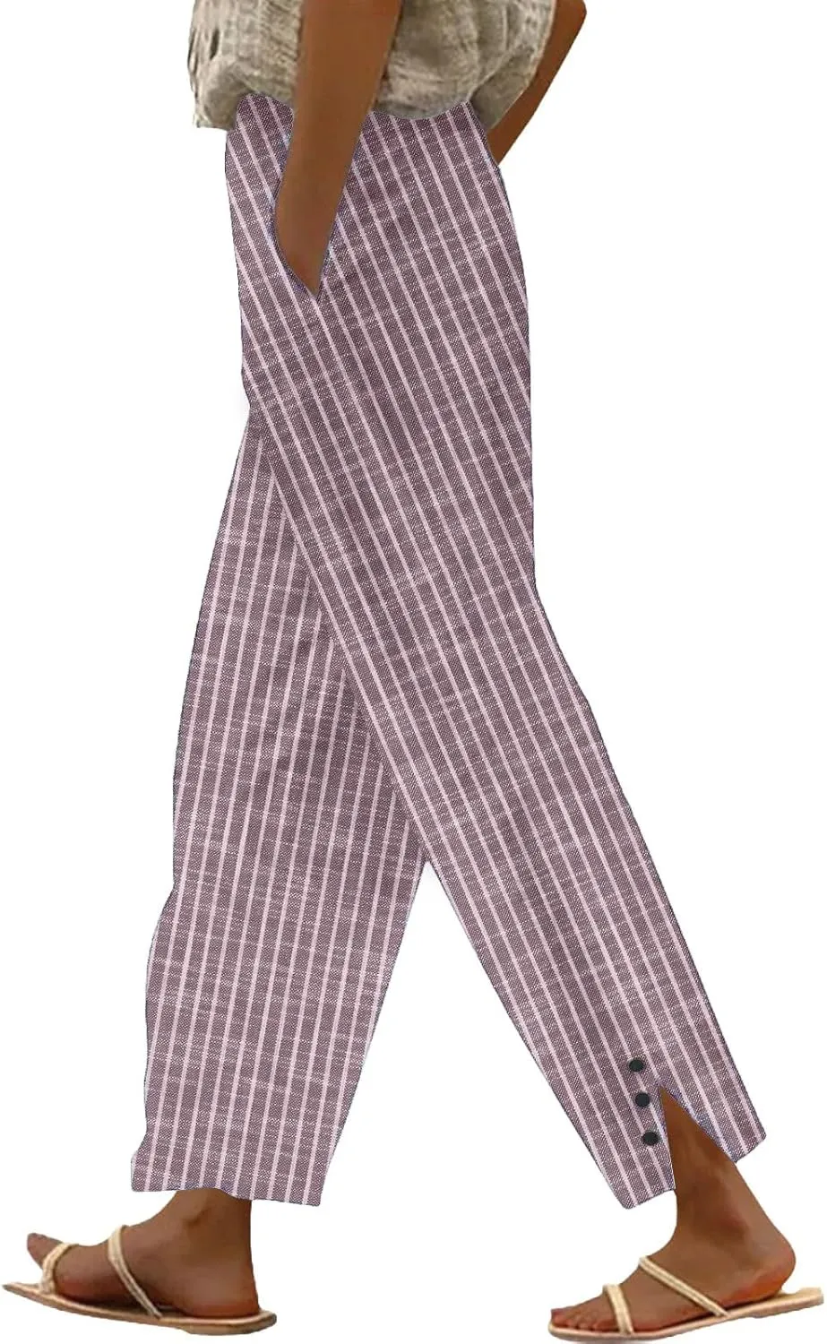 Striped Linen Pants for Women Summer Casual Beach Capris High Waisted Light Weight Gauze Vacation Pinstripe Trousers