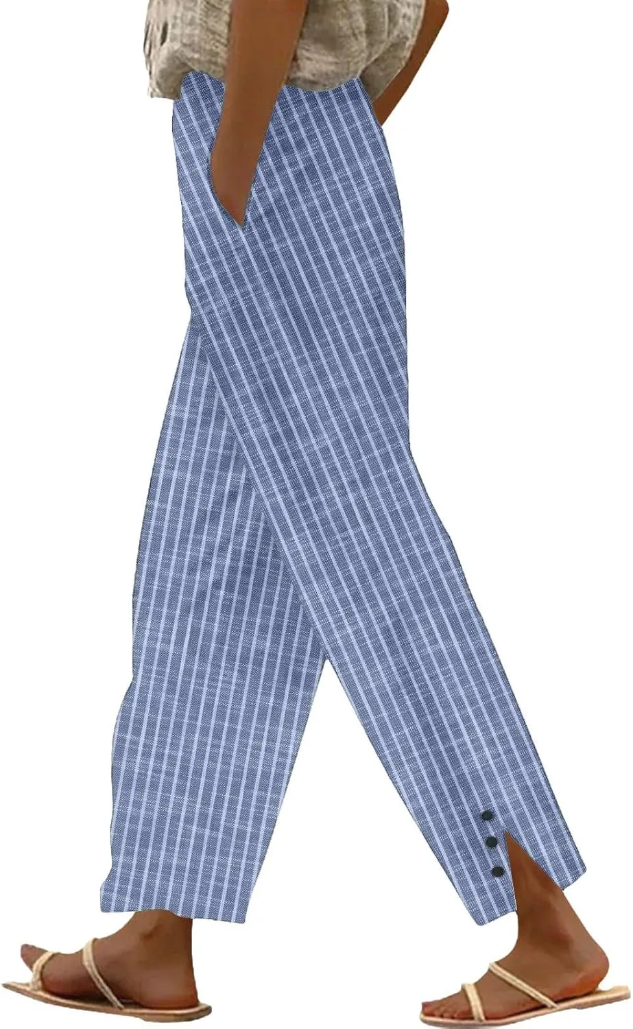 Striped Linen Pants for Women Summer Casual Beach Capris High Waisted Light Weight Gauze Vacation Pinstripe Trousers