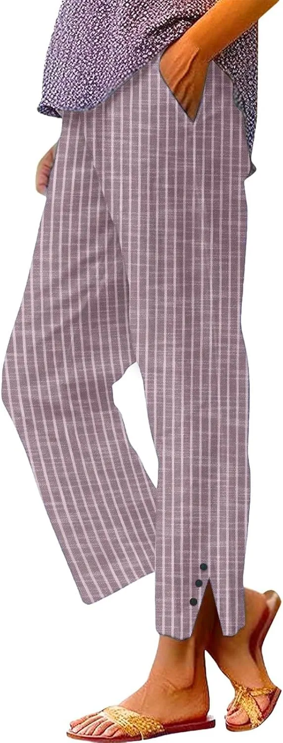 Striped Linen Pants for Women Summer Casual Beach Capris High Waisted Light Weight Gauze Vacation Pinstripe Trousers