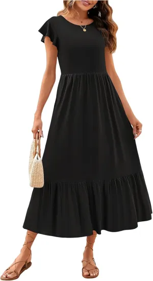 Summer Casual Dress for Women Crew Neck Short Sleeve Dress Smocked Flowy Tiered Midi Dress A-Line Boho Sun Dresses