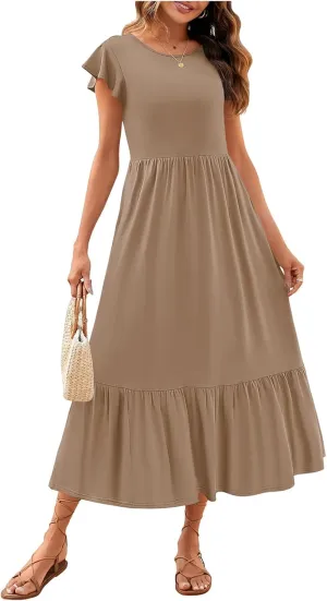 Summer Casual Dress for Women Crew Neck Short Sleeve Dress Smocked Flowy Tiered Midi Dress A-Line Boho Sun Dresses