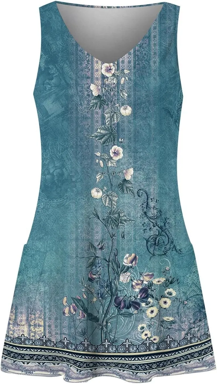 Summer Dresses for Women 2024 Women's Casual Sundress with Pockets Boho Beach Dress Floral V Neck Loose Tank Dresses