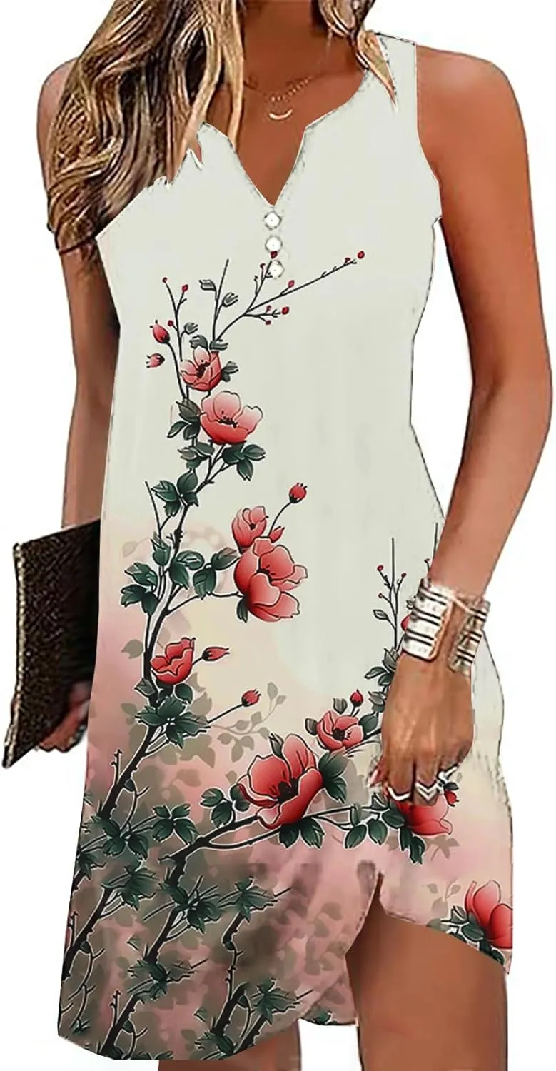 Summer Dresses for Women 2025 Comfy Flower Graphic Print Sundress Sleeveless Sexy v Neck Boho Flowy Beach Dresses
