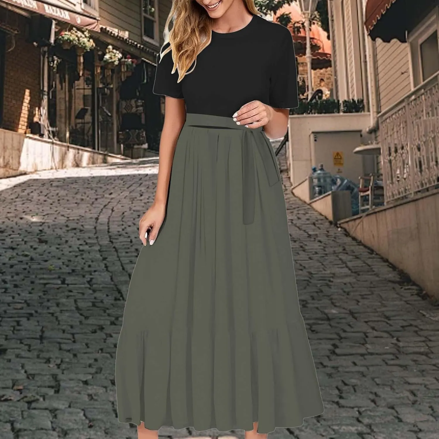 Summer Dresses for Women 2025 Floral Print Wrap Short Bell Sleeve Patchwork Three Layer Ruffle Hem A Line Maxi Dress
