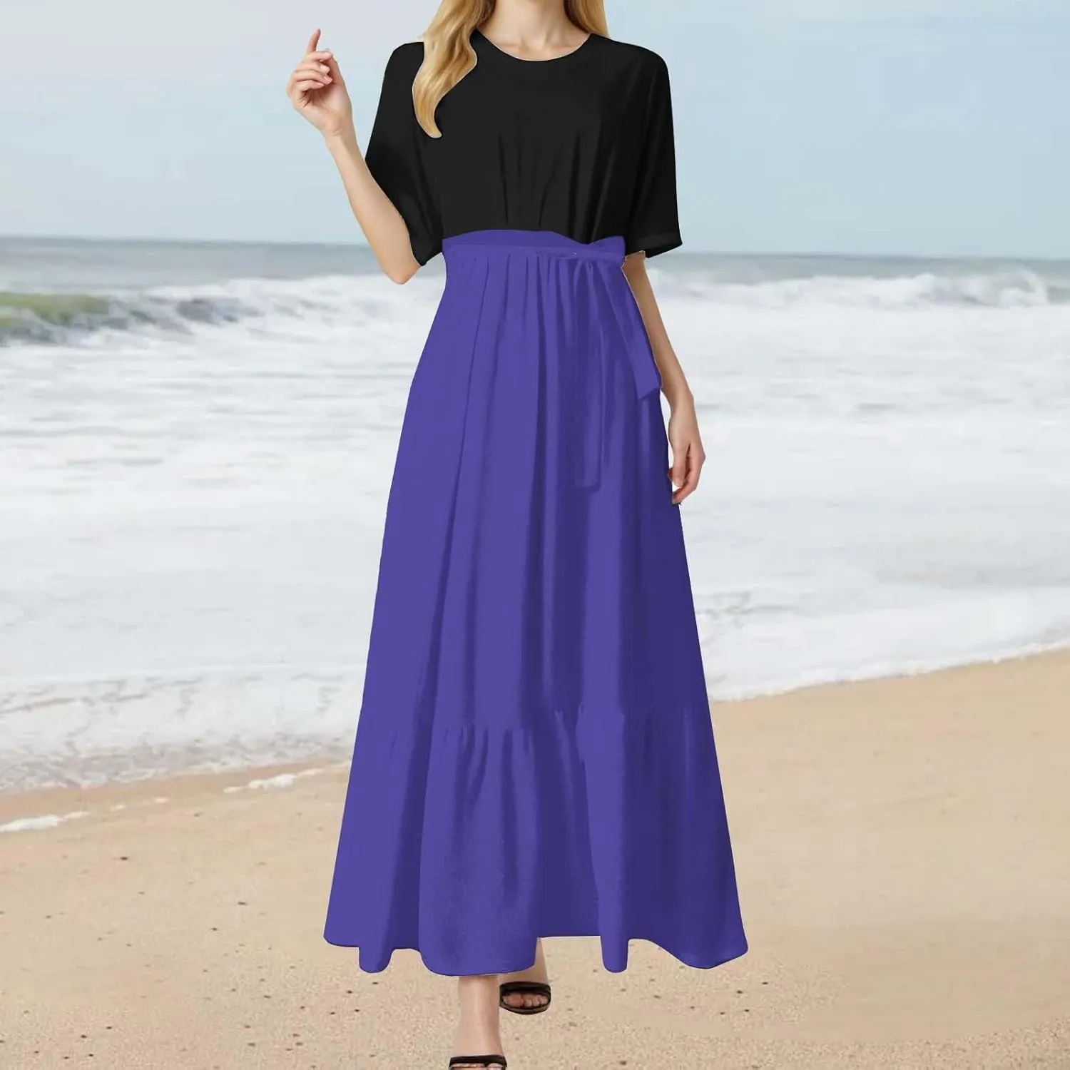 Summer Dresses for Women 2025 Floral Print Wrap Short Bell Sleeve Patchwork Three Layer Ruffle Hem A Line Maxi Dress