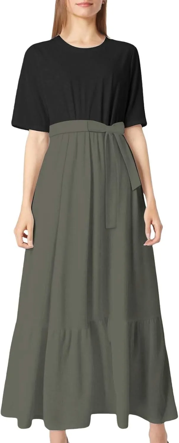 Summer Dresses for Women 2025 Floral Print Wrap Short Bell Sleeve Patchwork Three Layer Ruffle Hem A Line Maxi Dress
