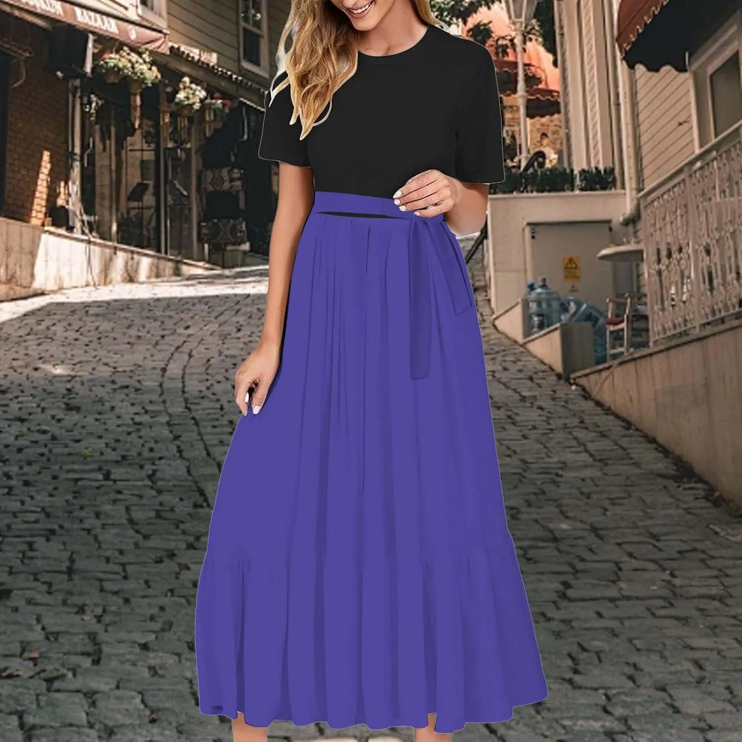 Summer Dresses for Women 2025 Floral Print Wrap Short Bell Sleeve Patchwork Three Layer Ruffle Hem A Line Maxi Dress
