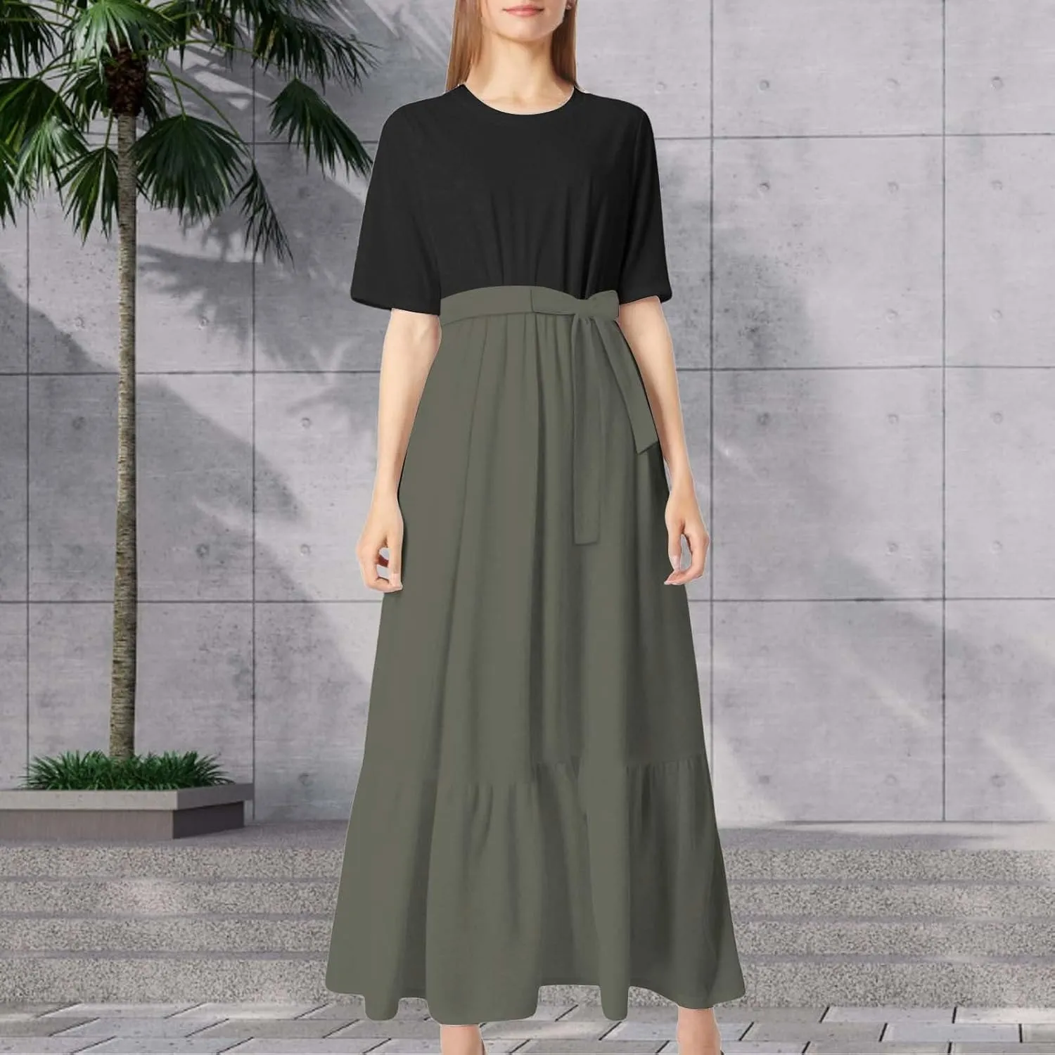 Summer Dresses for Women 2025 Floral Print Wrap Short Bell Sleeve Patchwork Three Layer Ruffle Hem A Line Maxi Dress