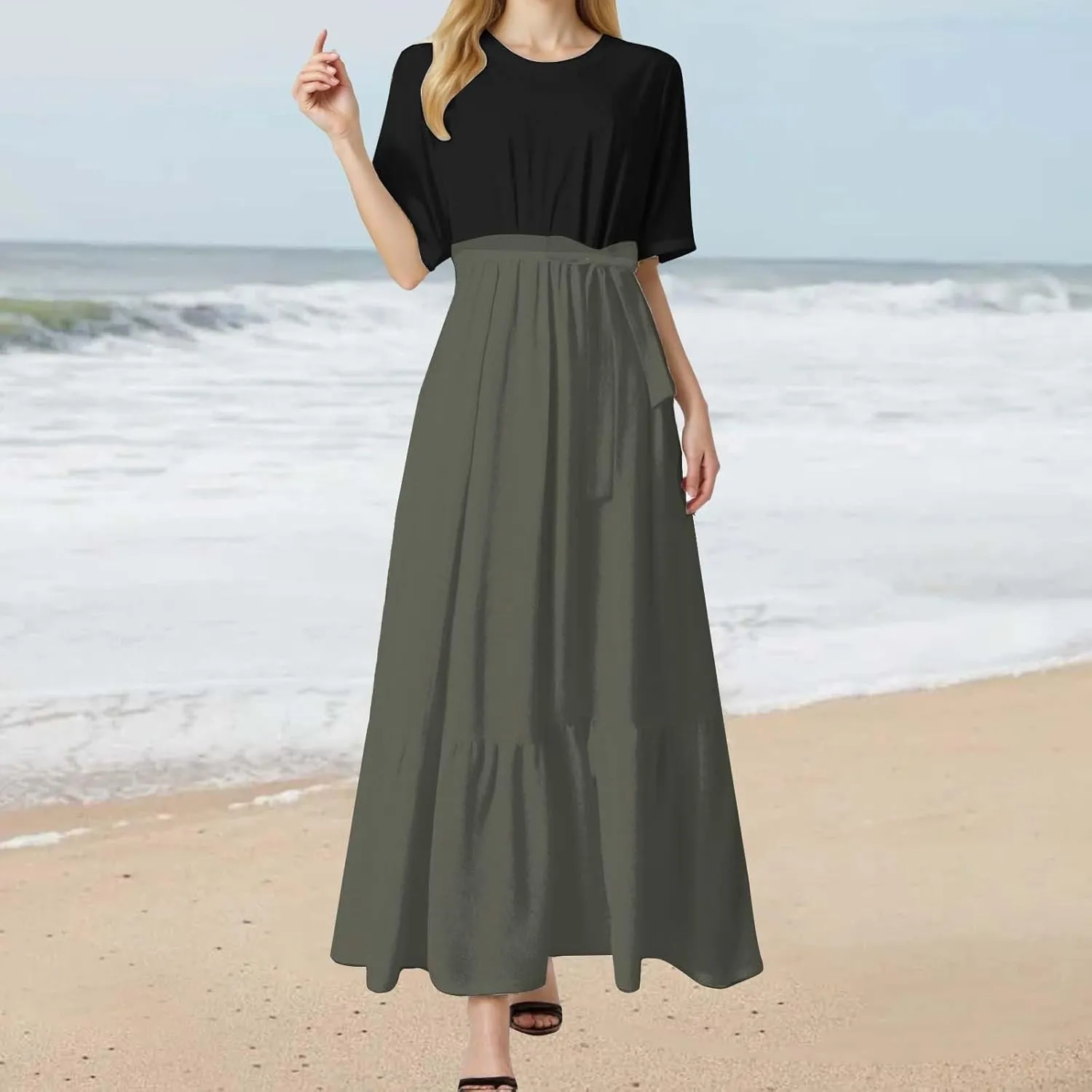 Summer Dresses for Women 2025 Floral Print Wrap Short Bell Sleeve Patchwork Three Layer Ruffle Hem A Line Maxi Dress