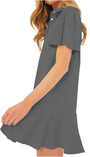 Summer Dresses for Women 2025 Loose Fit Dress Short Sleeve Collared Button Down Mini Dress Ruffle Hem Dresses