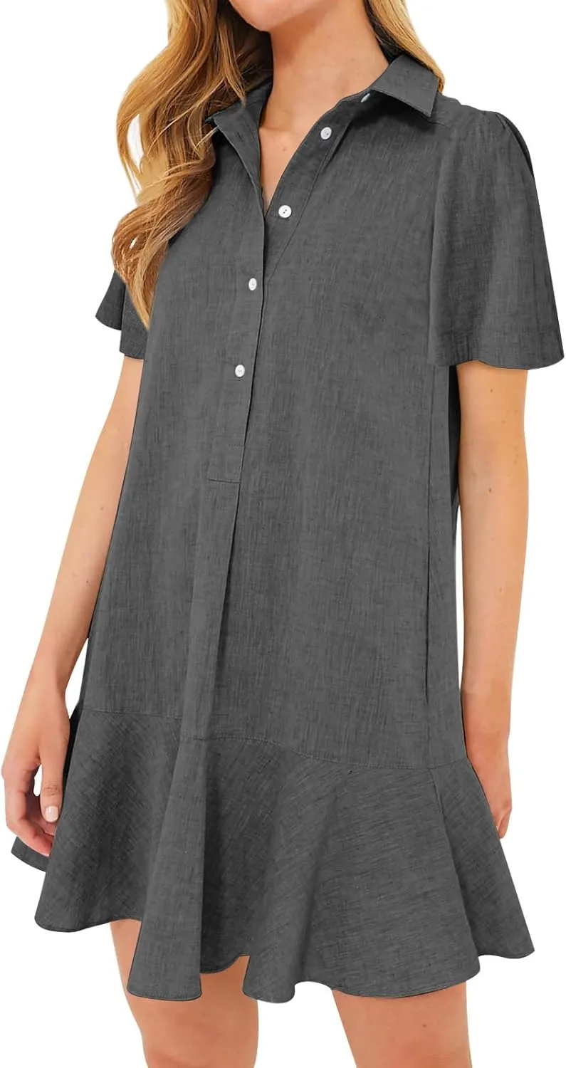 Summer Dresses for Women 2025 Loose Fit Dress Short Sleeve Collared Button Down Mini Dress Ruffle Hem Dresses