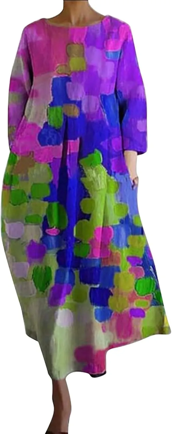 Summer Dresses for Women 2025 Women's Spring Summer Dress Boho Maxi Plus Size Dresses Floral Print 3/4 Sleeve Dress