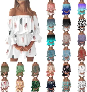 Summer Dresses for Women Boho Beach Sexy Off Shoulder Tunic Sundresses Casual Loose Fit Sleeve Mini Floral Dress