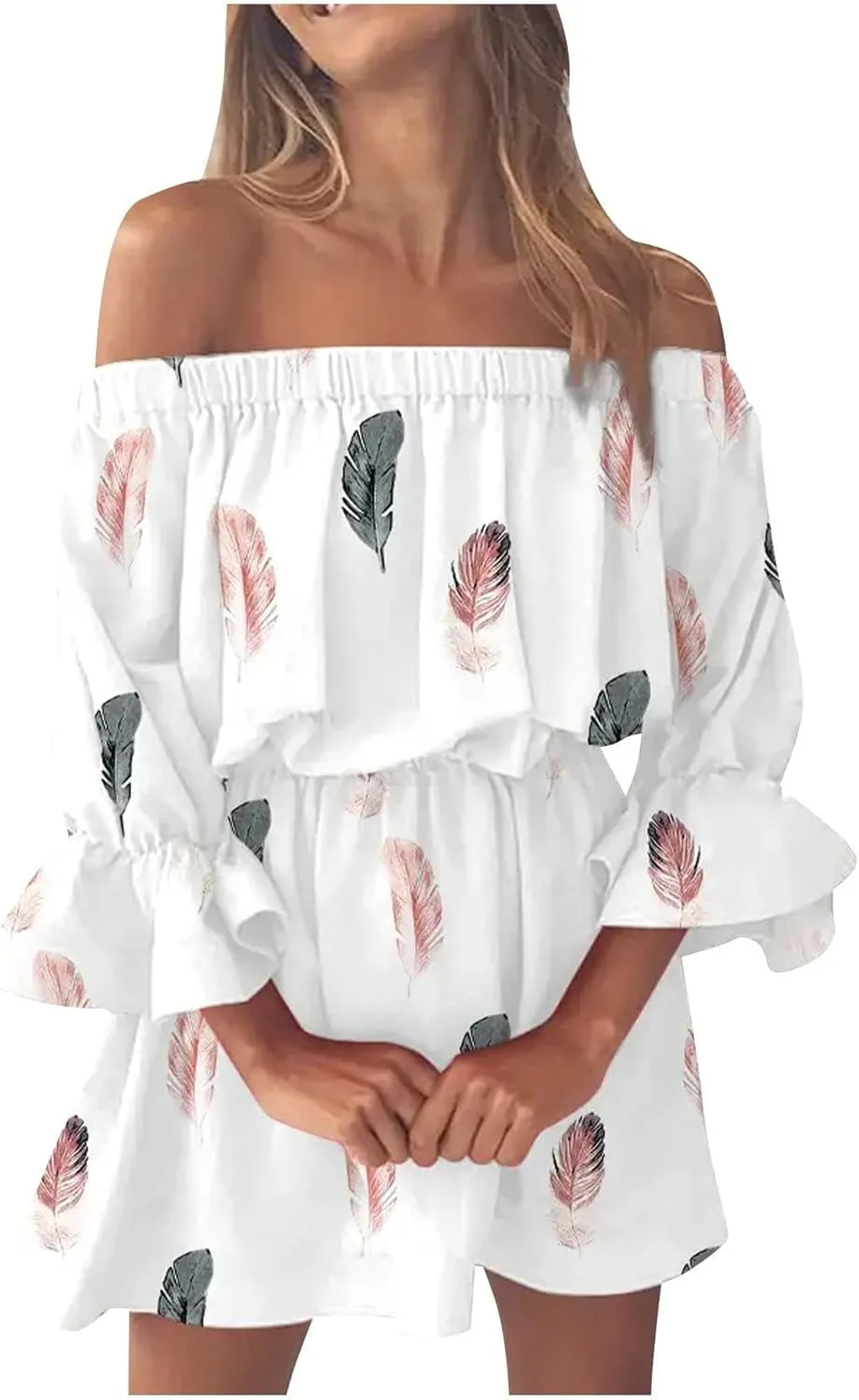 Summer Dresses for Women Boho Beach Sexy Off Shoulder Tunic Sundresses Casual Loose Fit Sleeve Mini Floral Dress
