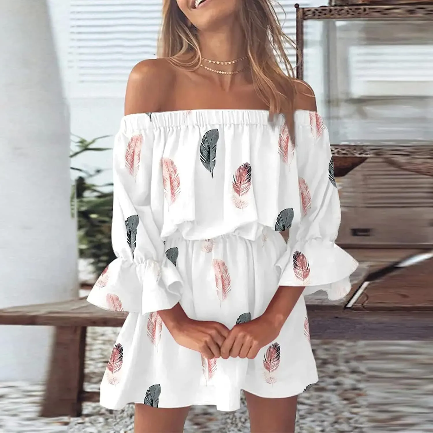 Summer Dresses for Women Boho Beach Sexy Off Shoulder Tunic Sundresses Casual Loose Fit Sleeve Mini Floral Dress