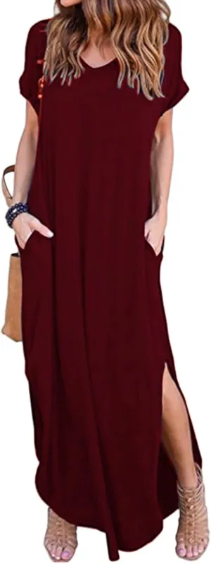 Summer Dresses for Women Casual Maxi Dress V Neck Short Sleeve Sundress Side Split Boho Dresses Beach Vacation Dress