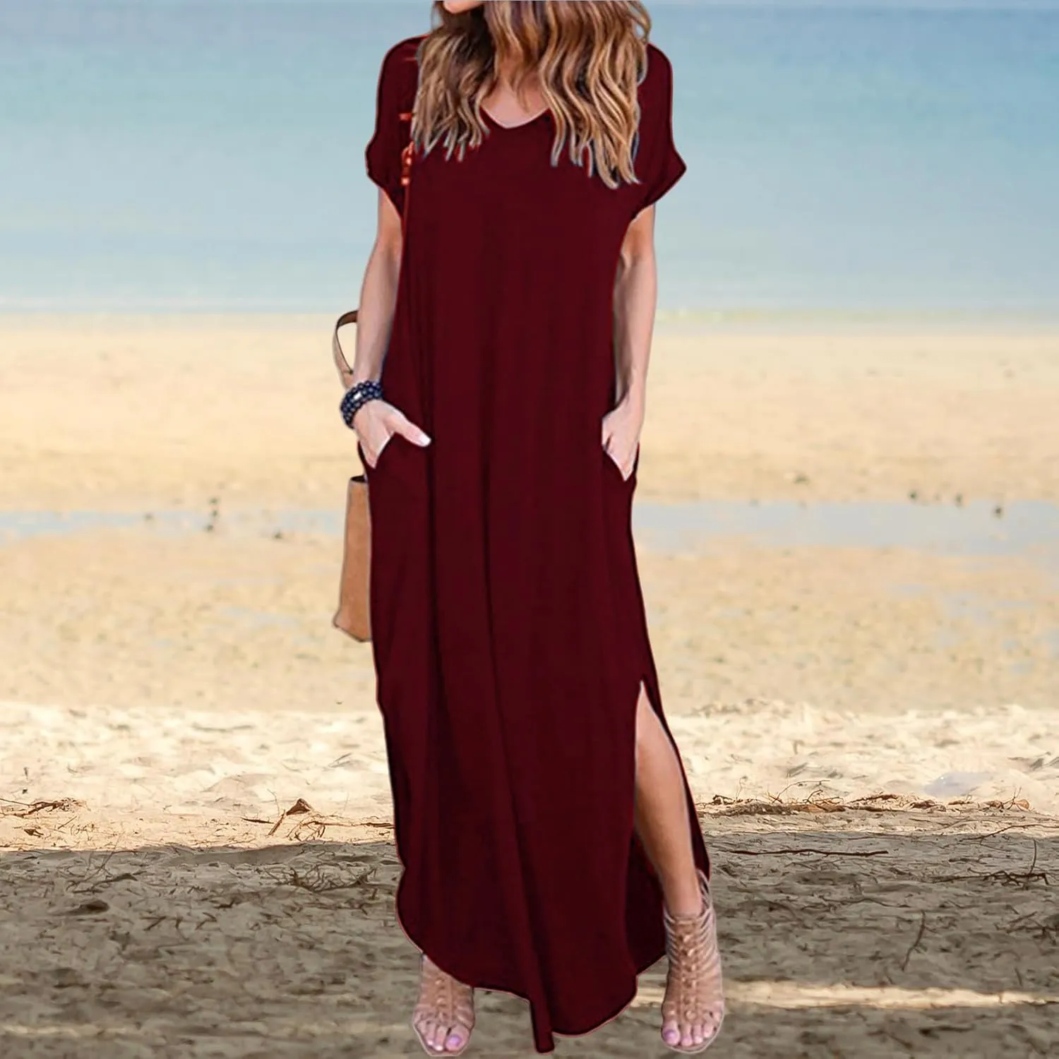 Summer Dresses for Women Casual Maxi Dress V Neck Short Sleeve Sundress Side Split Boho Dresses Beach Vacation Dress