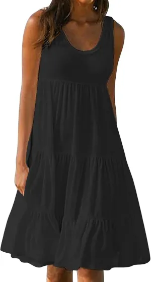 Summer Dresses for Women Casual Vacation Sexy Sleeveless Beach Dress Crewneck Splicing Boho Flowy Cute Sundresses