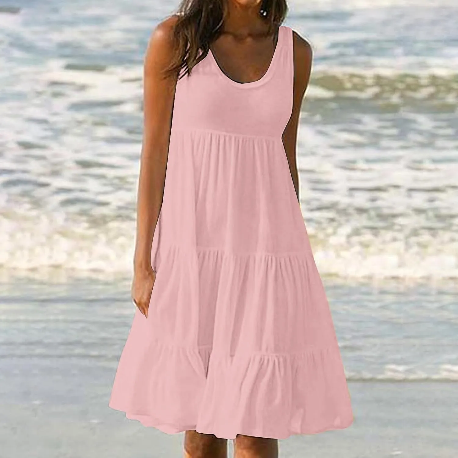 Summer Dresses for Women Casual Vacation Sexy Sleeveless Beach Dress Crewneck Splicing Boho Flowy Cute Sundresses