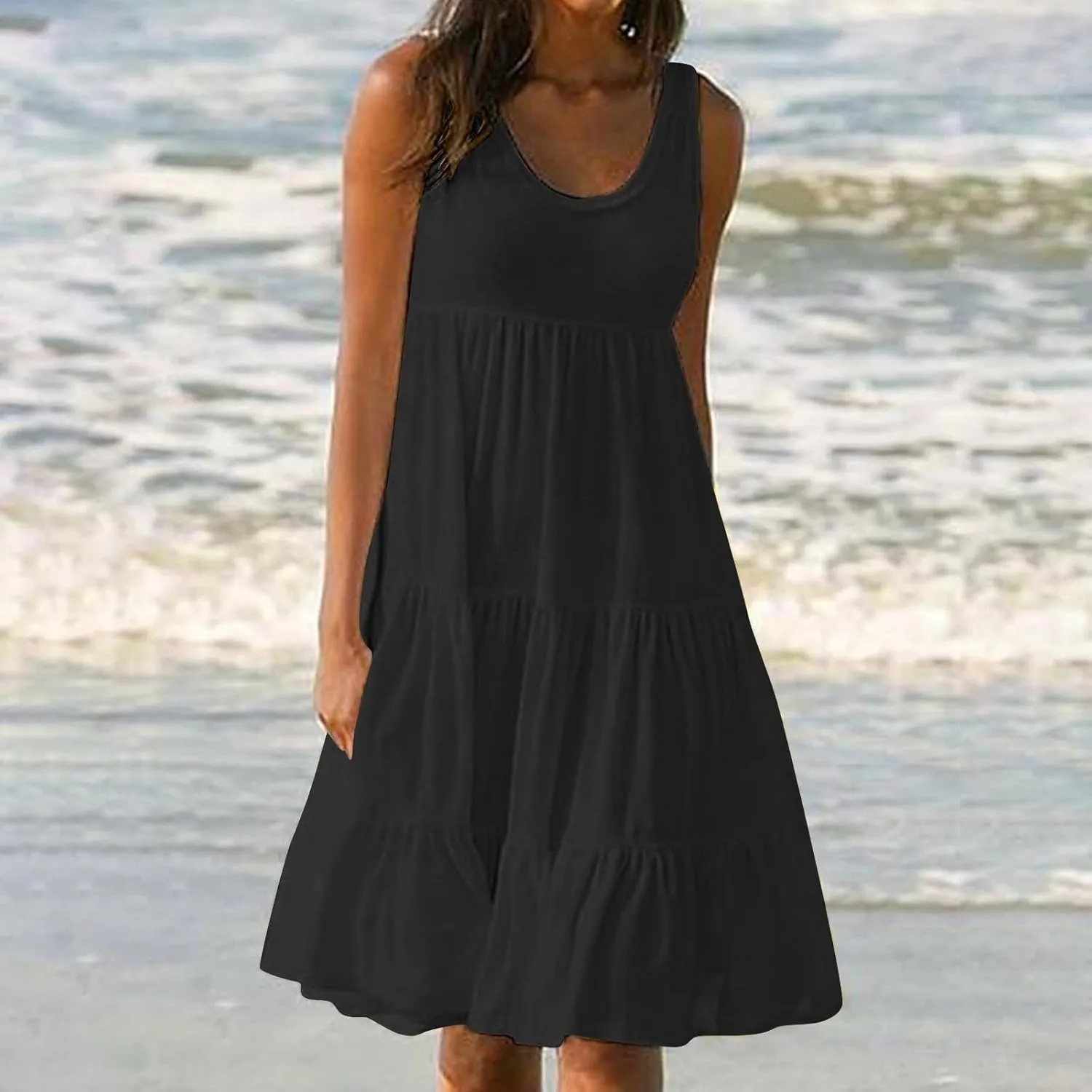 Summer Dresses for Women Casual Vacation Sexy Sleeveless Beach Dress Crewneck Splicing Boho Flowy Cute Sundresses
